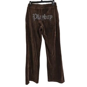 Playboy Y2K Velour Rhinestone Wide Leg Track Pants Brown Women's Size‎ S